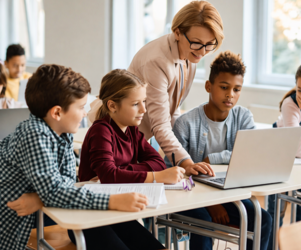 Enseignante accompagnant des élèves travaillant ensemble sur un ordinateur portable en classe.